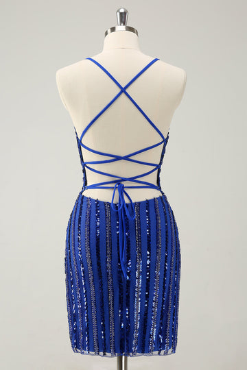 Sparkly Royal Blue Tight Sequined Spaghetti Straps Cocktail Dress